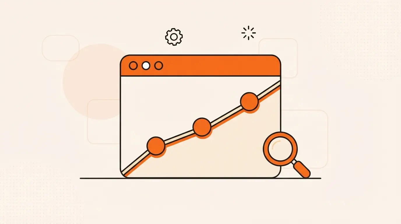 An illustrated browser window with a rising line chart and a small magnifying glass beside it