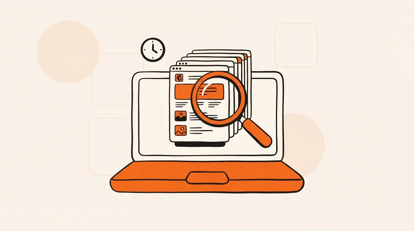 An illustrated laptop with a magnifying glass over a stack of web pages and a small clock