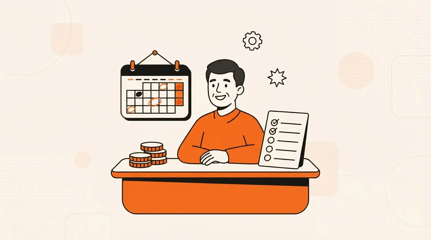 An illustrated business owner at a desk with a calendar, a stack of coins and a checklist