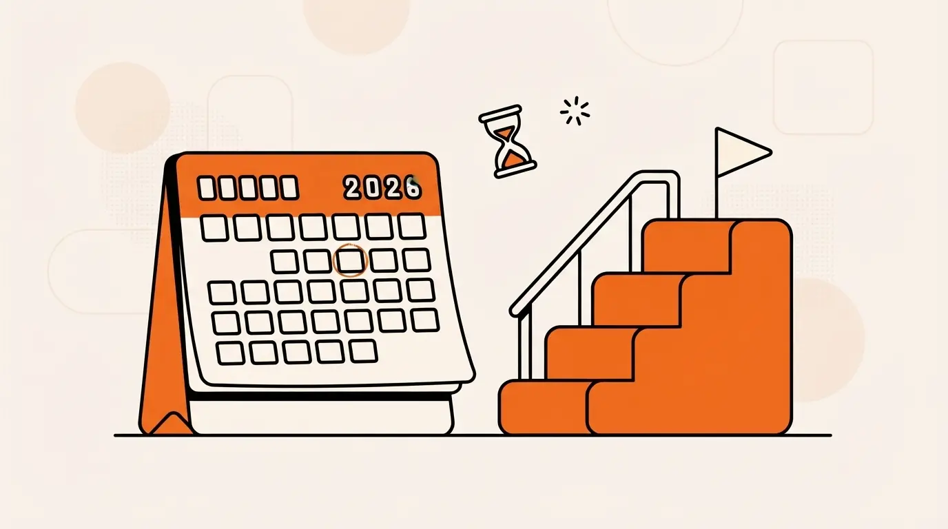 An illustrated calendar and a four-step staircase with a small flag on the top step