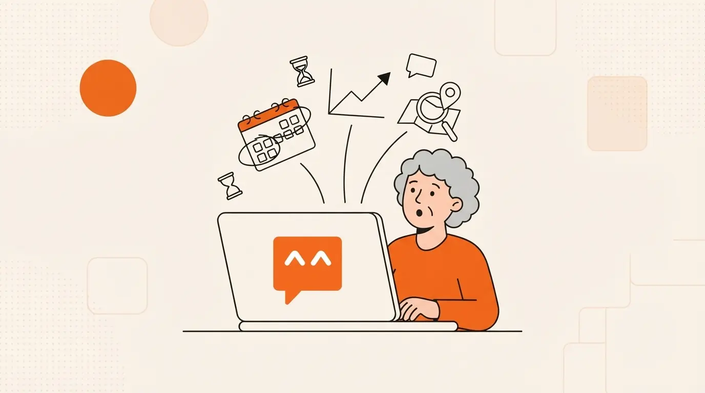 An illustrated business owner at a laptop showing the Hello Juno logo on its screen, with a calendar, a rising chart and a magnifying glass over a map pin rising from it