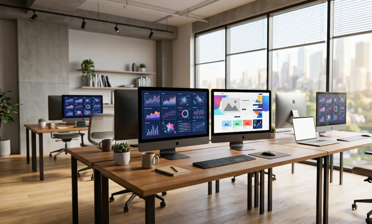A bright, modern office space in North Sydney with designers working on large screens showing website wireframes and data charts.