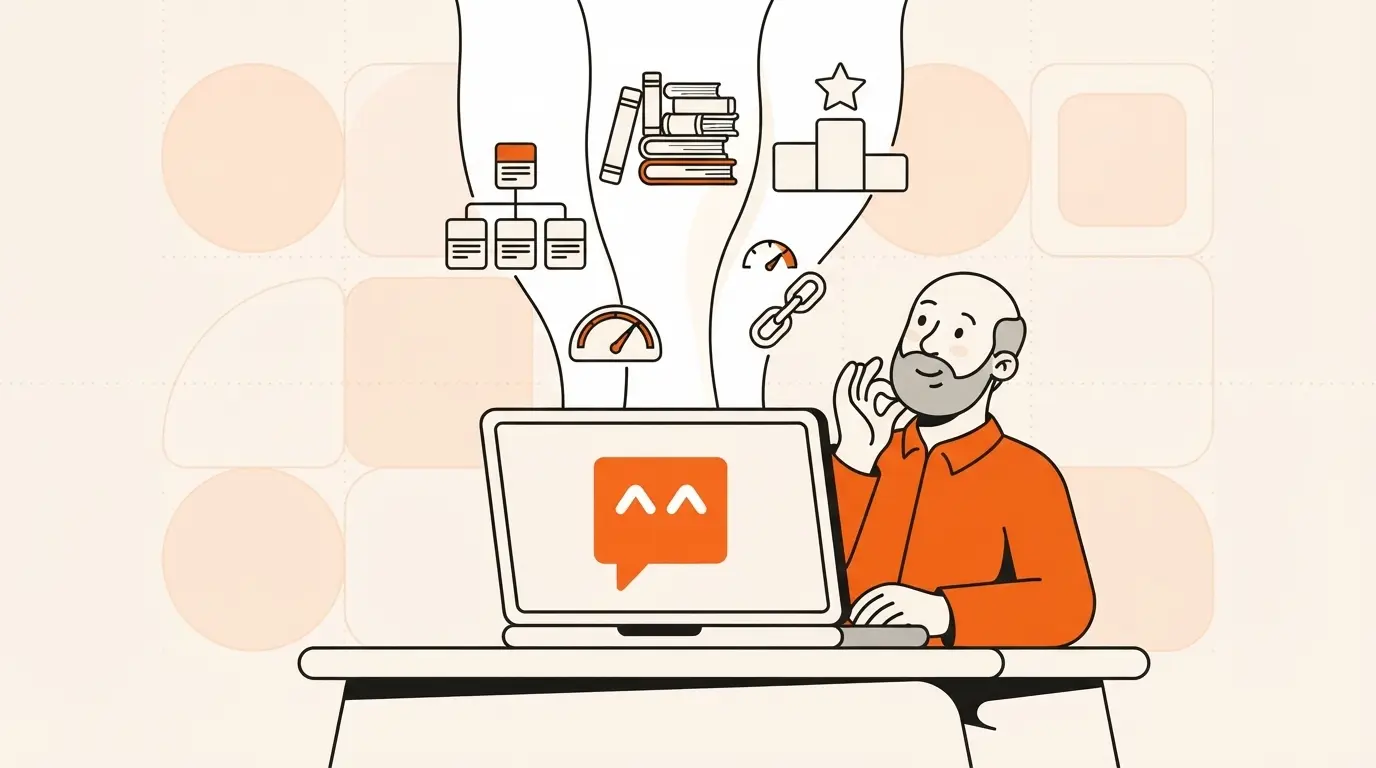 Illustrated older business owner with a grey beard sitting at a laptop that shows a brand logo on its screen, with a sitemap of connected pages, a stack of books and a ranking podium with a star above it, on a light cream background with soft geometric shapes.