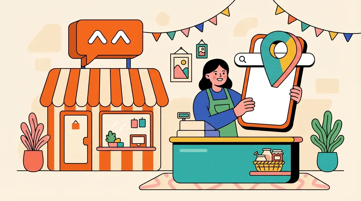 Illustrated shop owner behind a counter holding a large phone with a map pin popping out of the screen