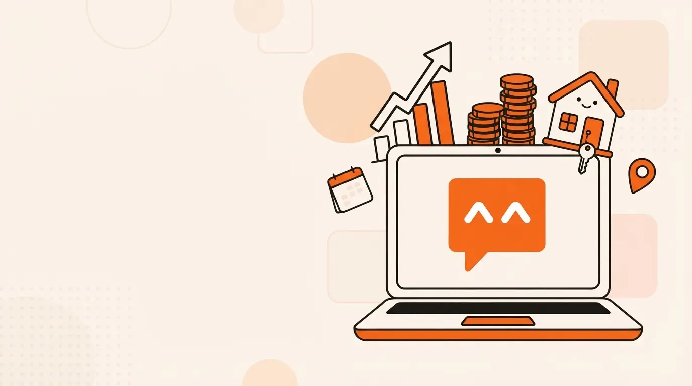 Illustrated laptop showing a brand logo on its screen, with a rising bar chart, a stack of coins and a small house with a key above it, on a light cream background with soft geometric shapes.