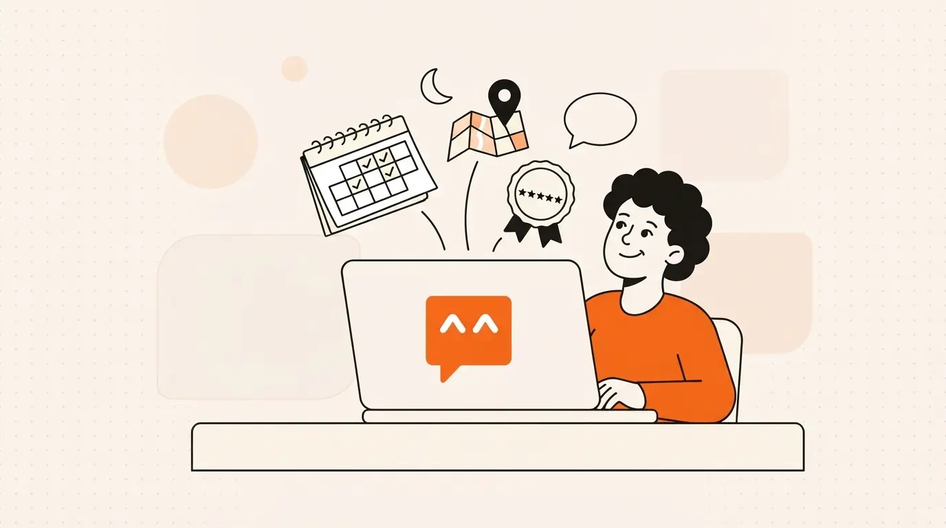 Illustrated small business owner with short curly hair sitting at a laptop that shows a brand logo on its screen, with a booking calendar, a local map with a pin and a star badge above it, on a light cream background with soft geometric shapes.