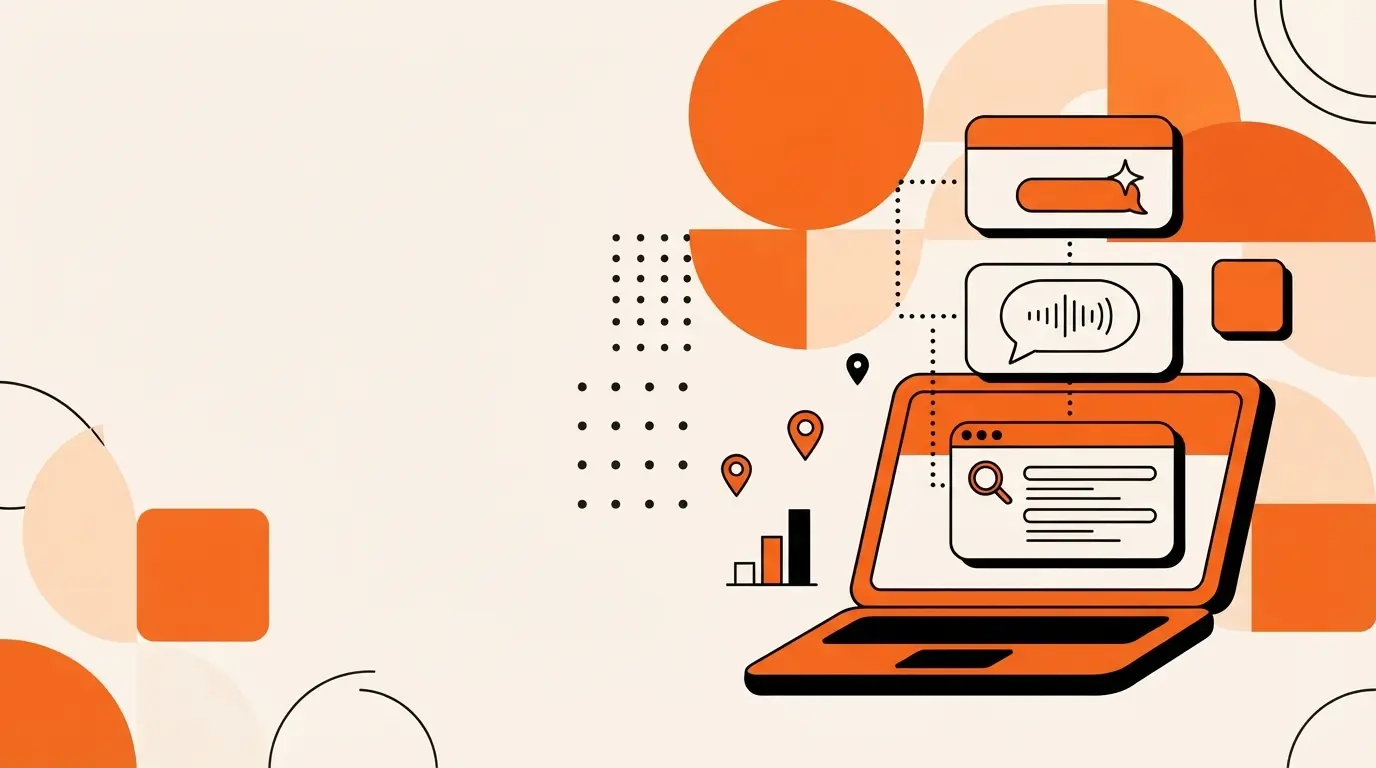 Illustrated laptop showing a brand logo on its screen, with three stacked panels above it showing search results, a voice answer speech bubble and an AI chat window, on a light cream background with soft geometric shapes.