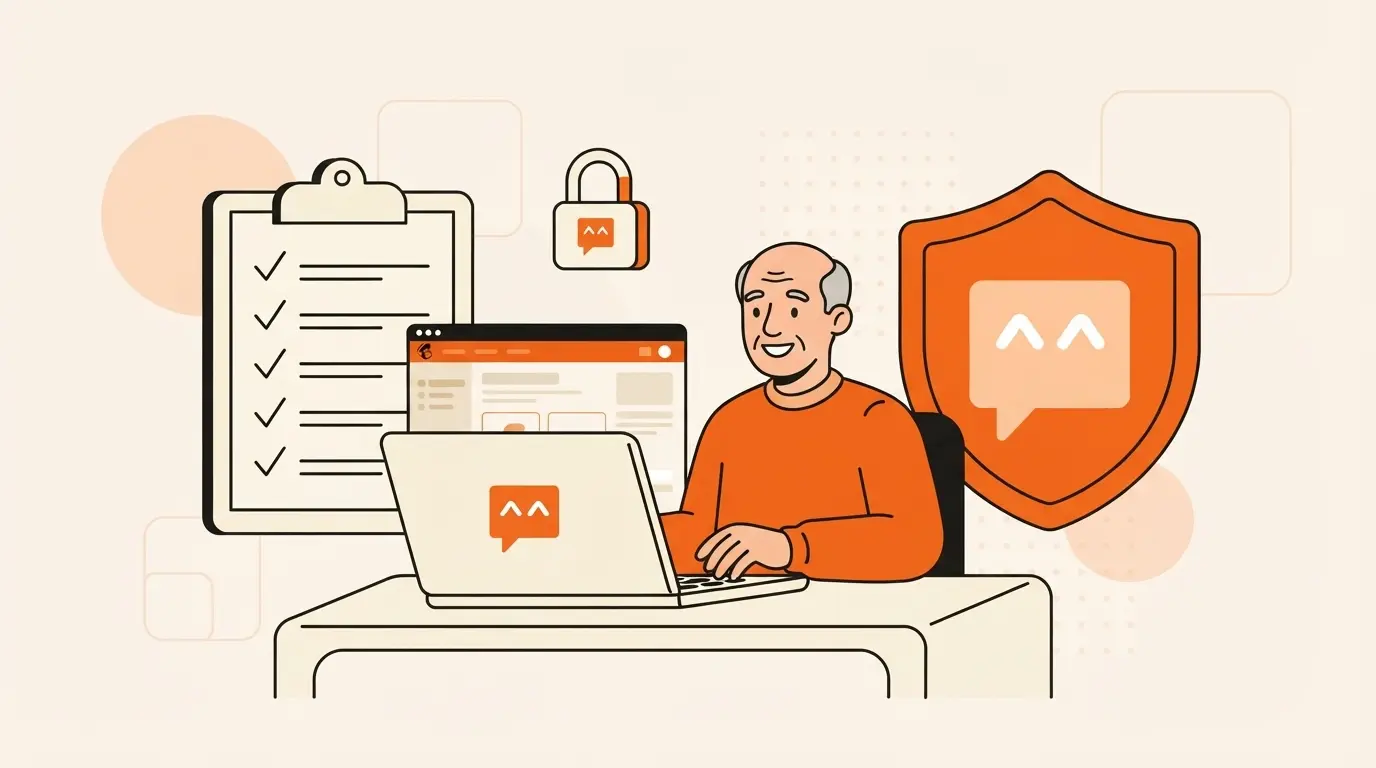 Illustrated practice manager at a laptop beside a clipboard with check marks and a shield