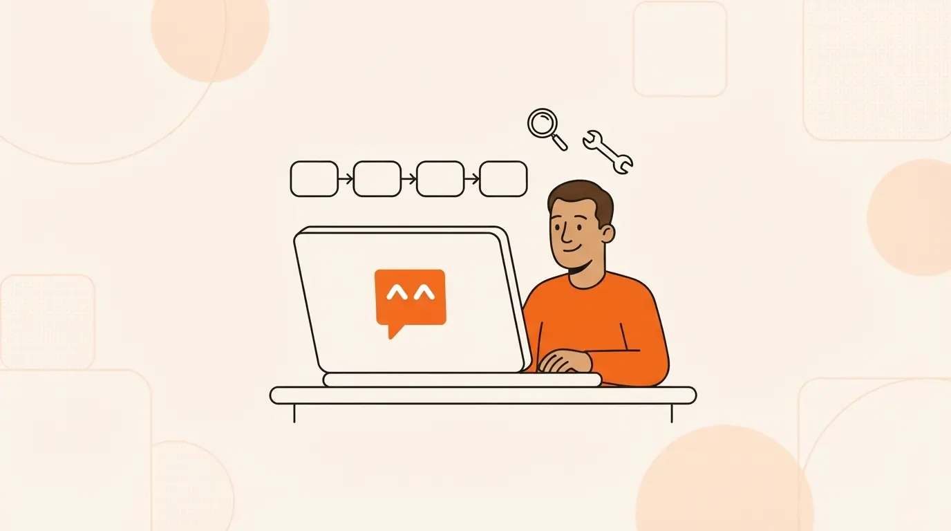 Illustrated business owner at a laptop beside four connected boxes that stand for the steps of an automation build