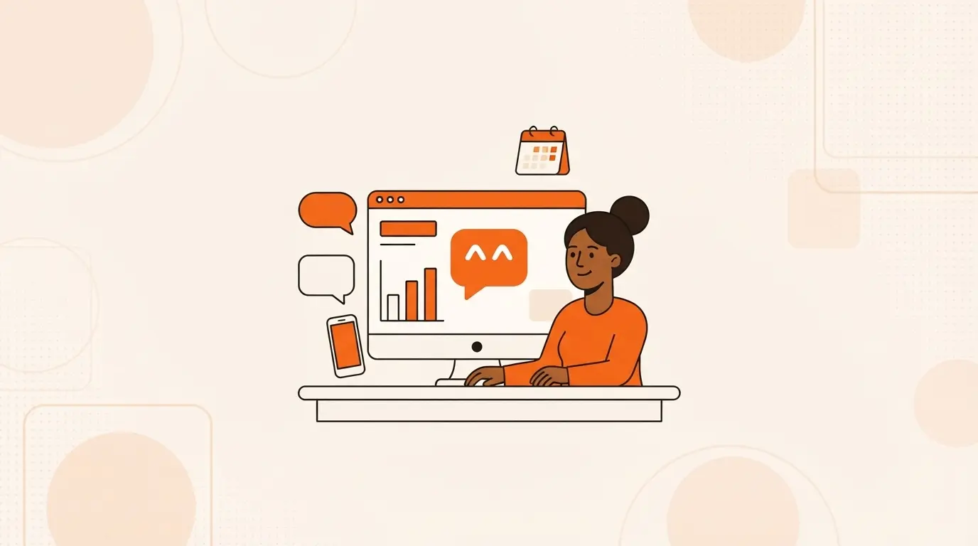 Illustrated business owner reviewing a dashboard with bar charts, a phone and speech bubbles