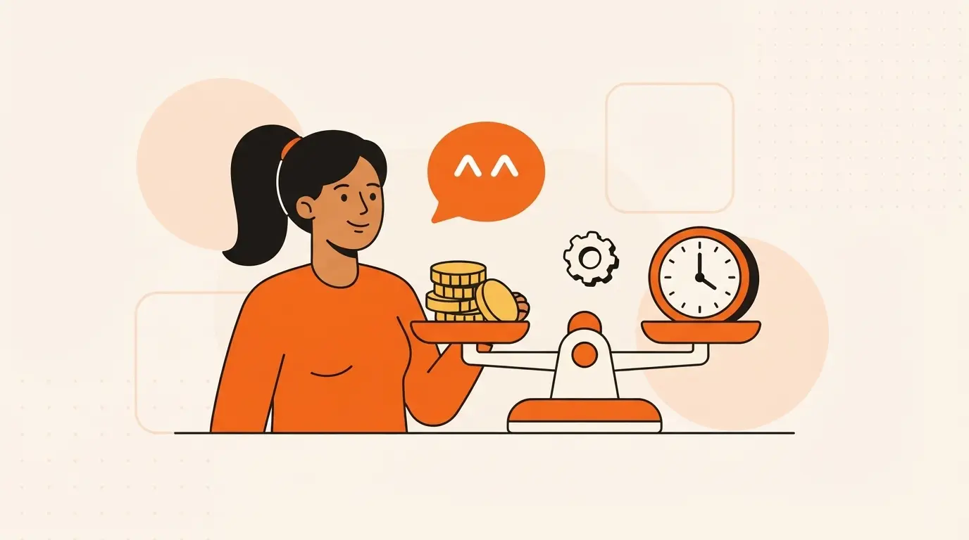 Illustrated business owner pointing at a balance scale with a stack of coins on one side and a clock on the other
