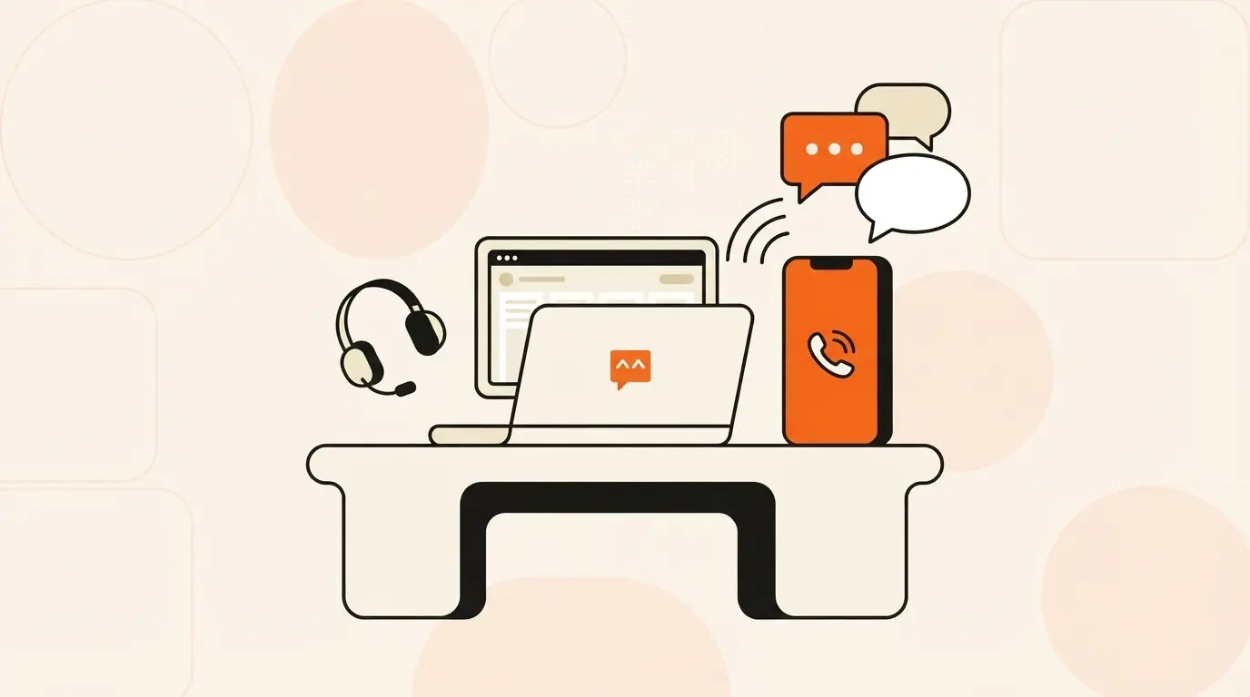 Illustrated phone with sound waves next to chat bubbles on a desk with a laptop