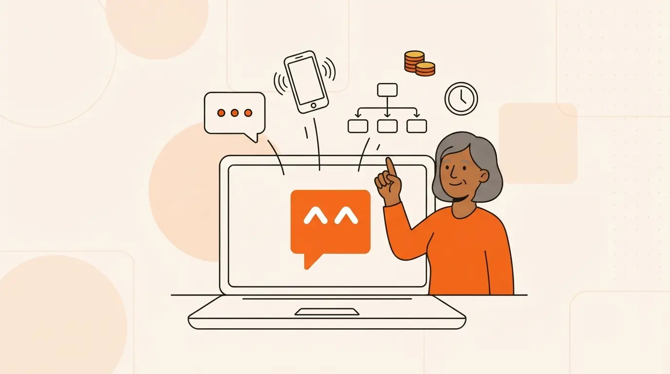 Illustrated business owner pointing up from a laptop that shows the Hello Juno logo on its screen, with a chat bubble, a phone with sound waves and linked workflow boxes rising from it